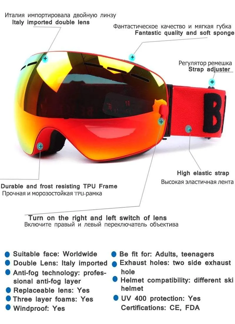 BE NICE Anti Fog Ski Goggles - Frameless