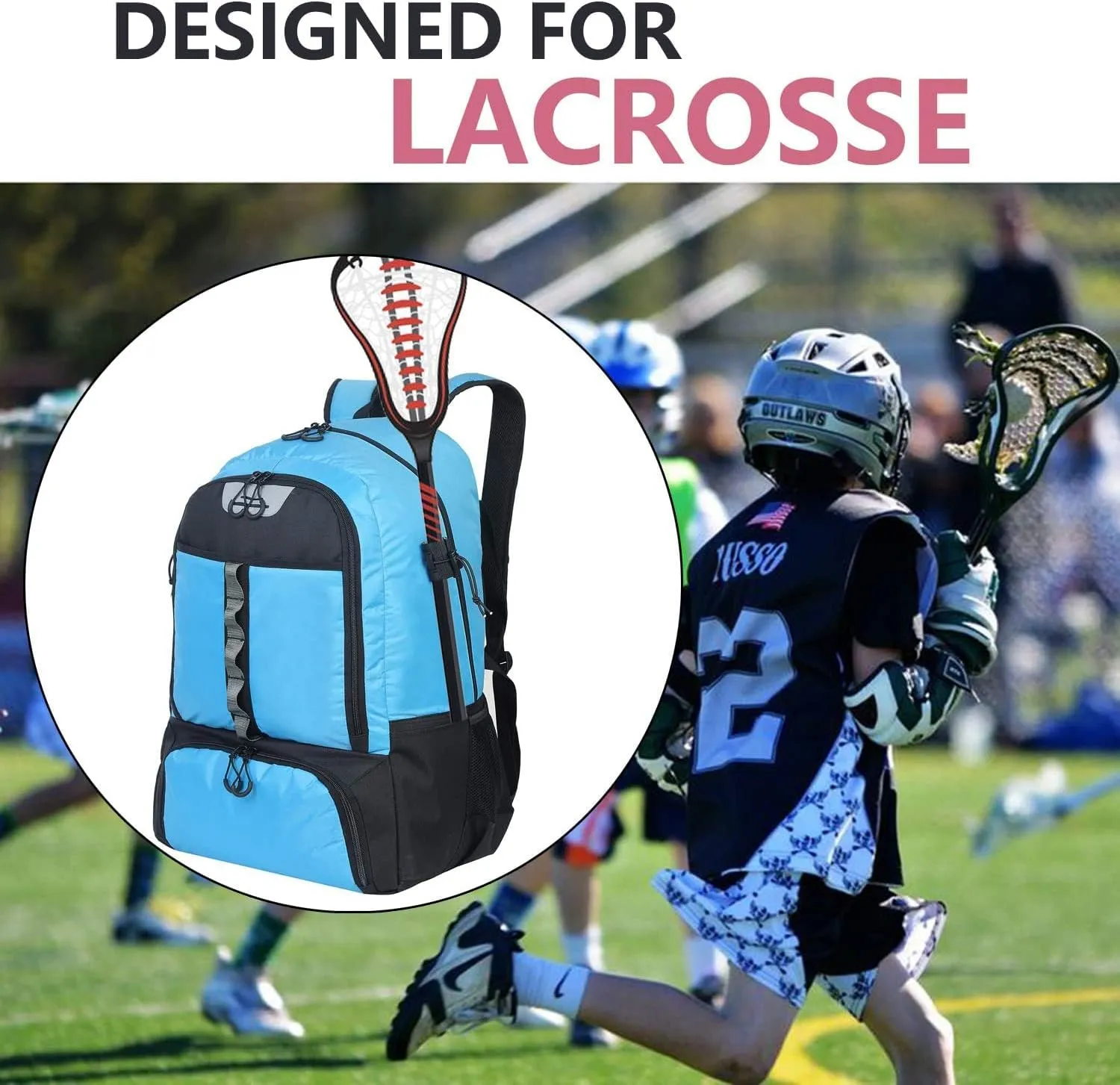 Extra Large Lacrosse Bag Backpack-20/23 Inch Lacrosse Backpack Holds All Lacrosse or Field Hockey Equipment-Two Stick Holders and Separate Cleats Compartment