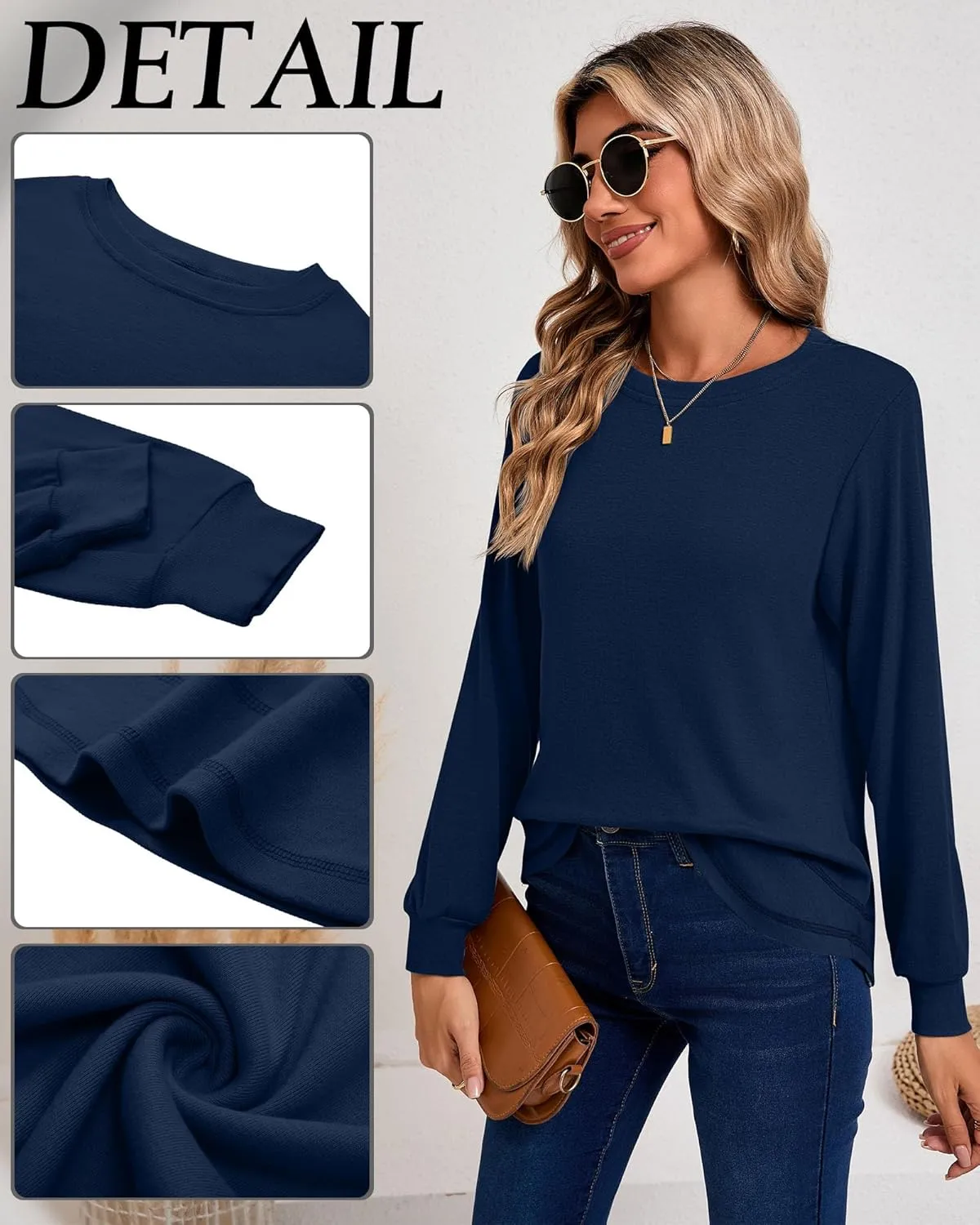 Ficerd 3 Pack Women's Long Sleeve Shirts, Casual Crew Neck Tunic Tops Loose Fit Pullover Curved Hem Shirts 2025 Trendy