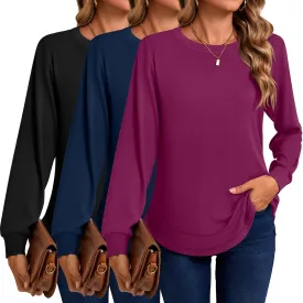 Ficerd 3 Pack Women's Long Sleeve Shirts, Casual Crew Neck Tunic Tops Loose Fit Pullover Curved Hem Shirts 2025 Trendy