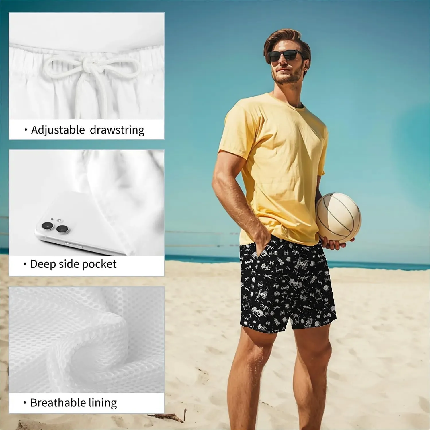 Galaxy Green Men's Swim Trunks Hawaiian Bathing Mesh Lining Suit Swimsuits Beach Shorts with Pockets