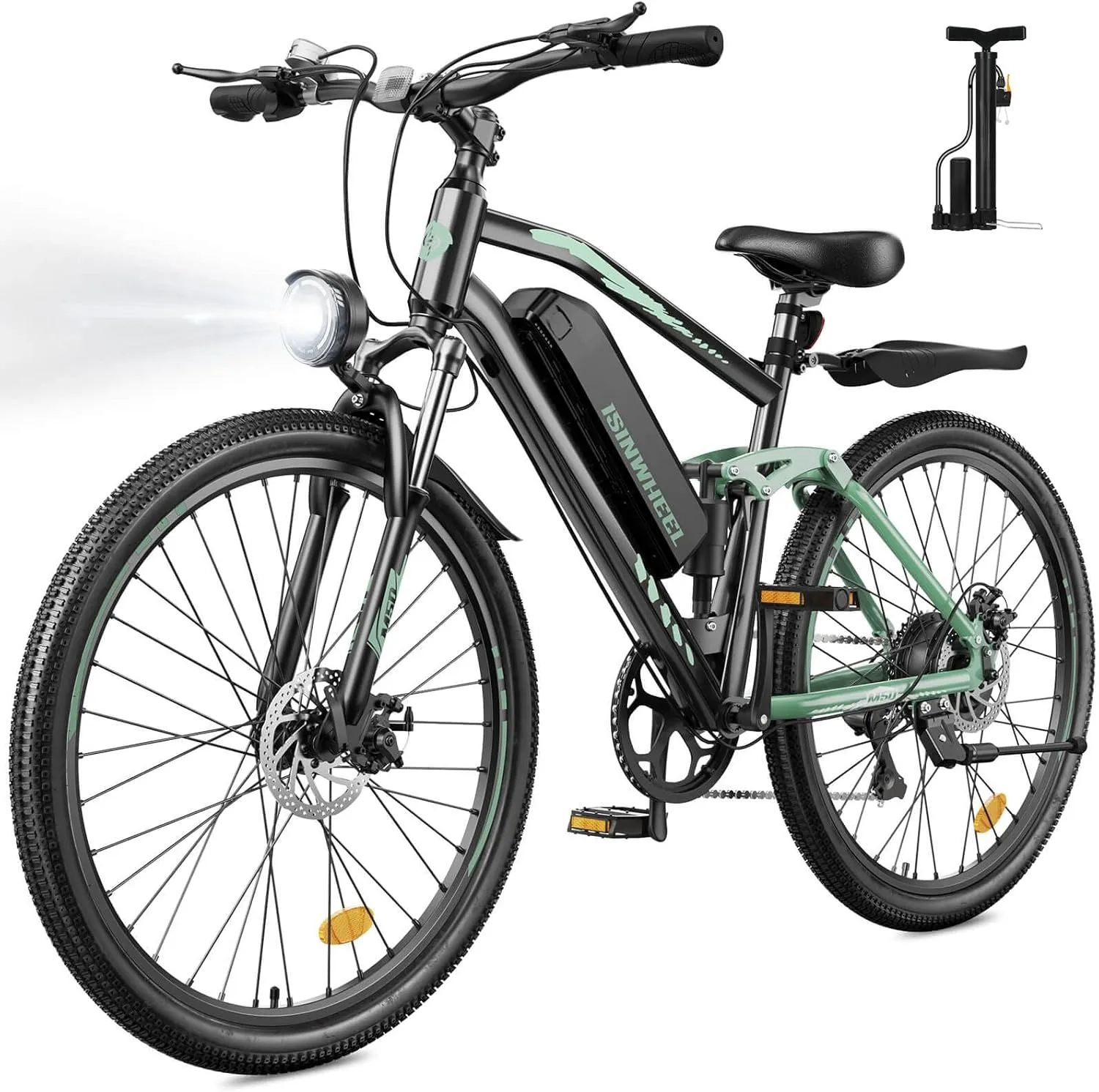isinwheel M50 Electric Bike for Adults 27.5"2.3" ebike with 13Ah Removable Battery, Four-Link Suspension, 130 Lux Headlight, USB Charging Port, 20 mph Electric Mountain Bike with Cruise Control