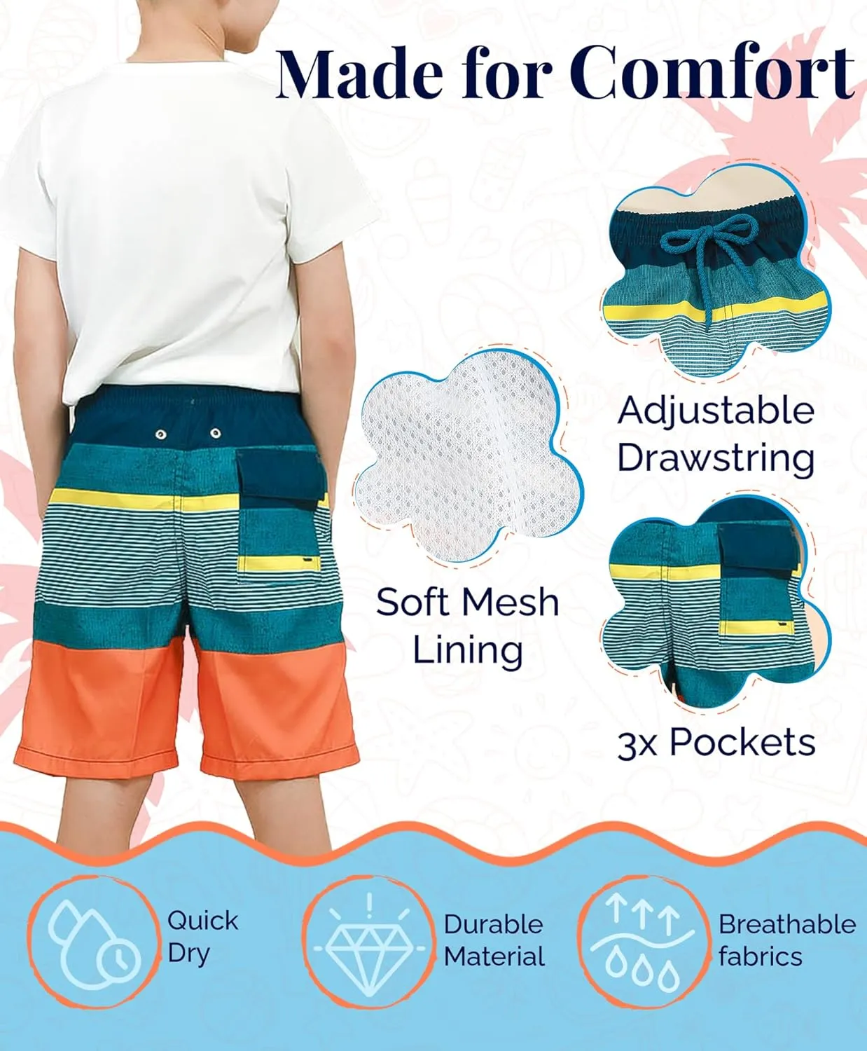 KAILUA SURF Boys' Swim Trunks Quick Dry Board Shorts with Mesh Liner, Sizes 2T-18/20