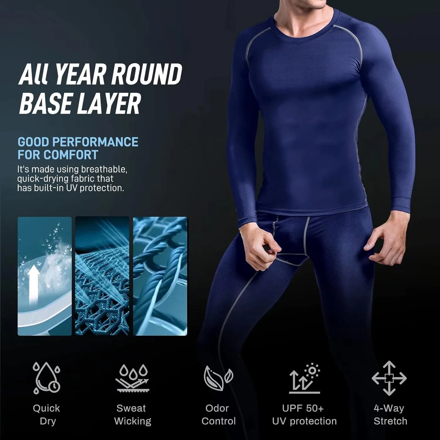 Mens Base Layer for Cycling Hiking Basketball Thermal Underwear Set for Ski Mens Compression Pants and Shirt Cool Dry