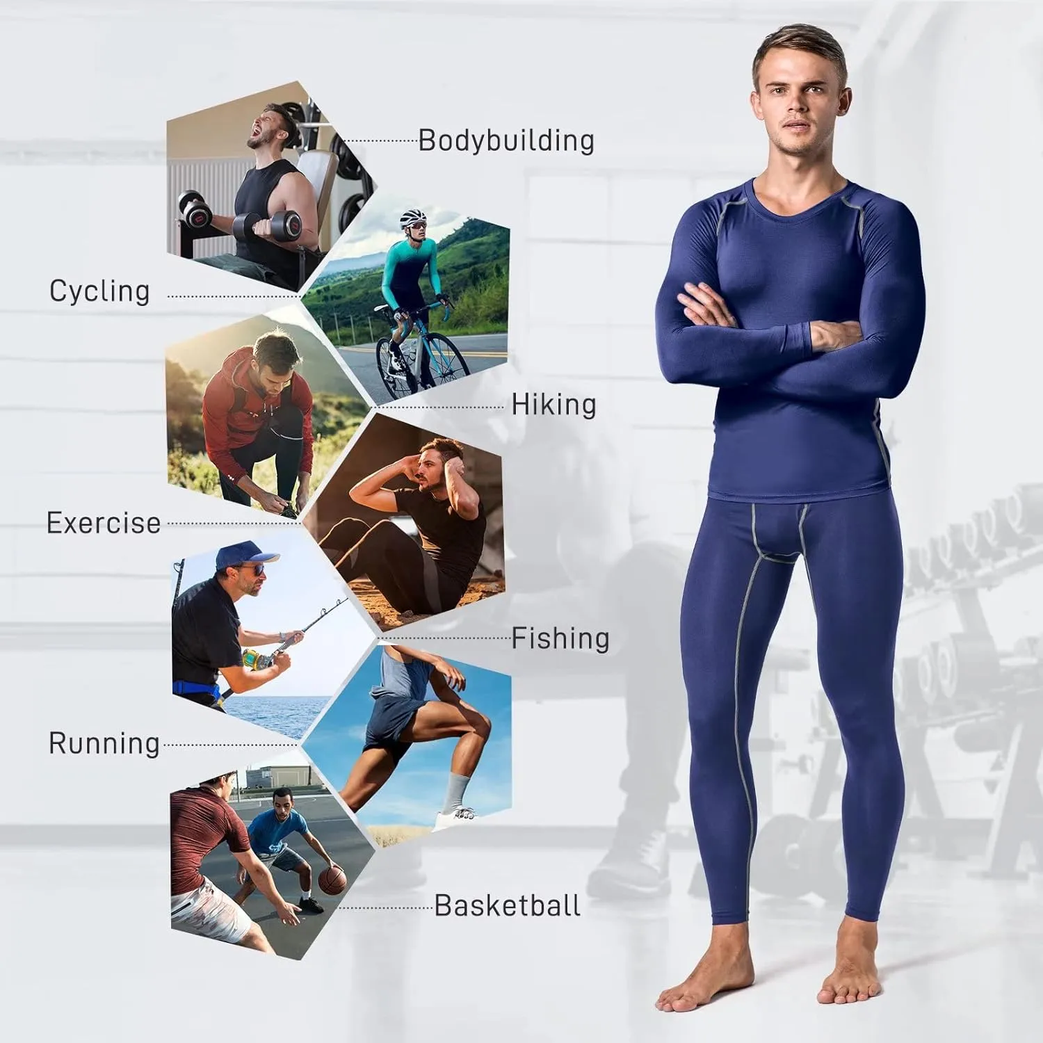 Mens Base Layer for Cycling Hiking Basketball Thermal Underwear Set for Ski Mens Compression Pants and Shirt Cool Dry