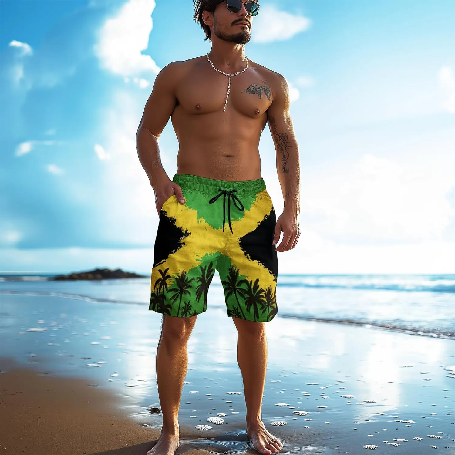 Men's Funny Cat Riding Unicorn with Gun Swim Trunks Boardshort Beach Shorts