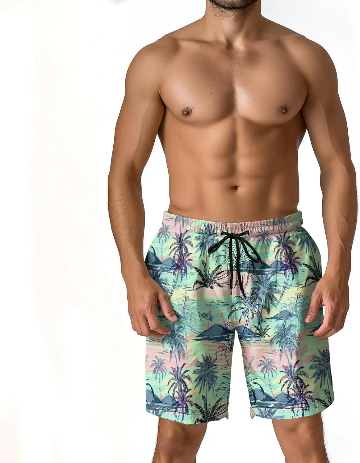 Men's Funny Cat Riding Unicorn with Gun Swim Trunks Boardshort Beach Shorts