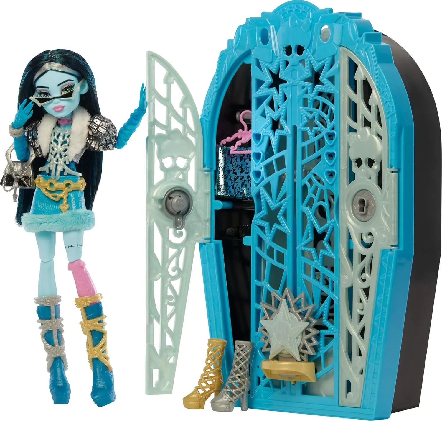 Monster High Skulltimate Secrets Doll and Accessories Set, Hauntlywood Mysteries Frankie Stein with Reveal Closet & 19  Glam Surprises Like Doll Clothes