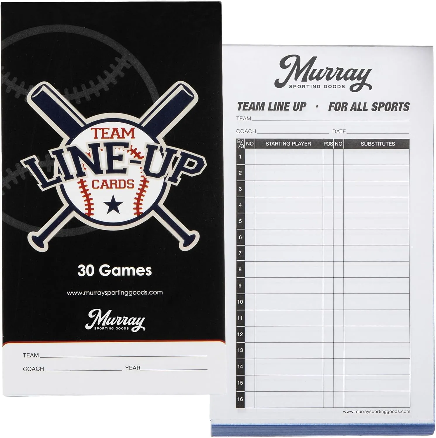 Murray Sporting Goods Baseball/Softball Lineup Cards - 30 Games with 16 Player Roster Lineup Sheet (4-Part Carbon Copies)