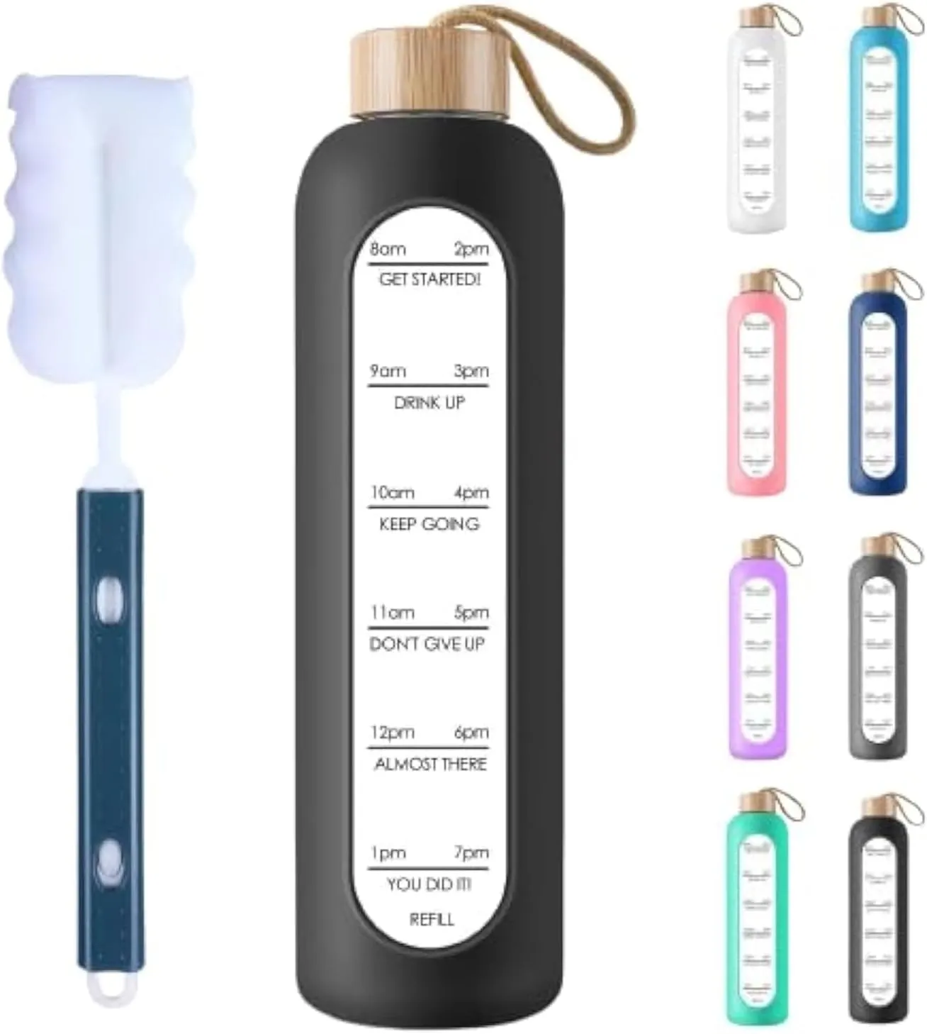 PROBTTL Borosilicate Glass Water Bottle with Time Marker Reminder Quotes, 1 Liter Leak Proof Reusable BPA Free Motivational Water Bottles with Silicone Sleeve and Bamboo Lid