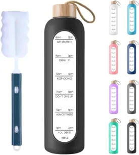 PROBTTL Borosilicate Glass Water Bottle with Time Marker Reminder Quotes, 1 Liter Leak Proof Reusable BPA Free Motivational Water Bottles with Silicone Sleeve and Bamboo Lid