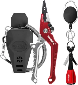 SAMSFX Aluminum Fishing Pliers Hook Remover Braid Line Cutter with Coiled Lanyard, Fly Fishing Knot Tying Tool & Retractors