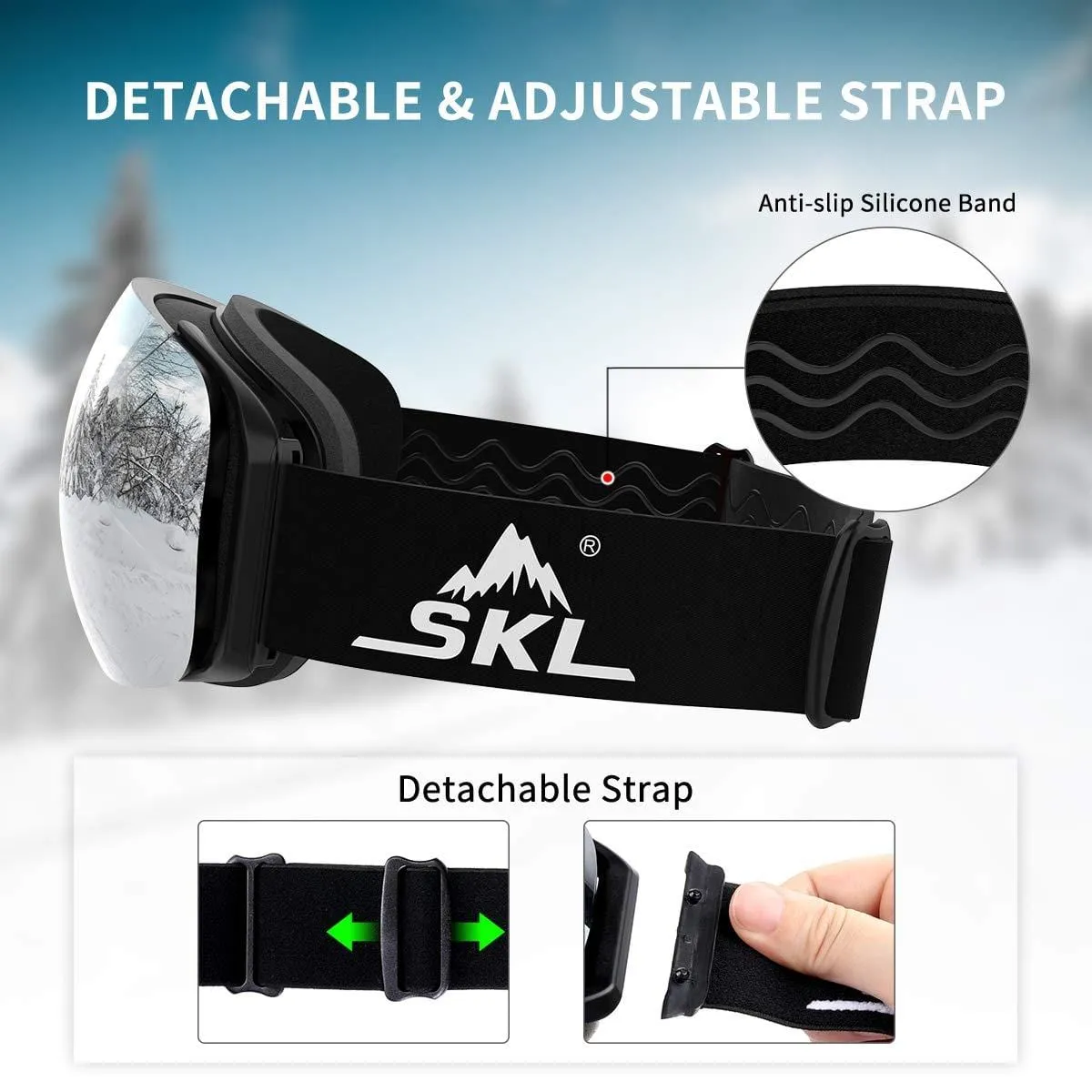 SKL Ski Goggles Over Glasses Snowboard Goggles for Men Women Youth, Frameless UV400 Protection Anti Fog OTG Snow Goggles with Interchangeable Lens and Straps
