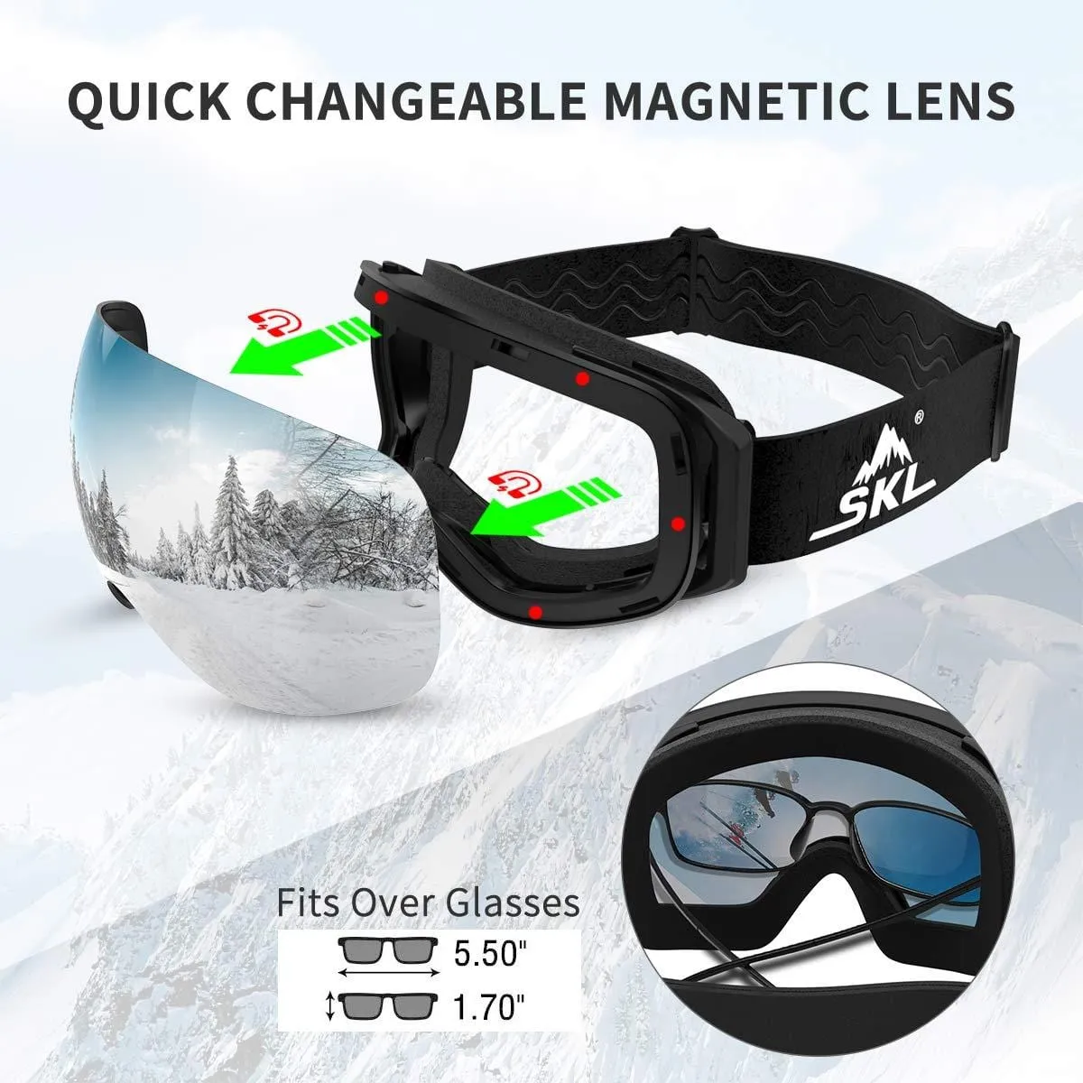 SKL Ski Goggles Over Glasses Snowboard Goggles for Men Women Youth, Frameless UV400 Protection Anti Fog OTG Snow Goggles with Interchangeable Lens and Straps