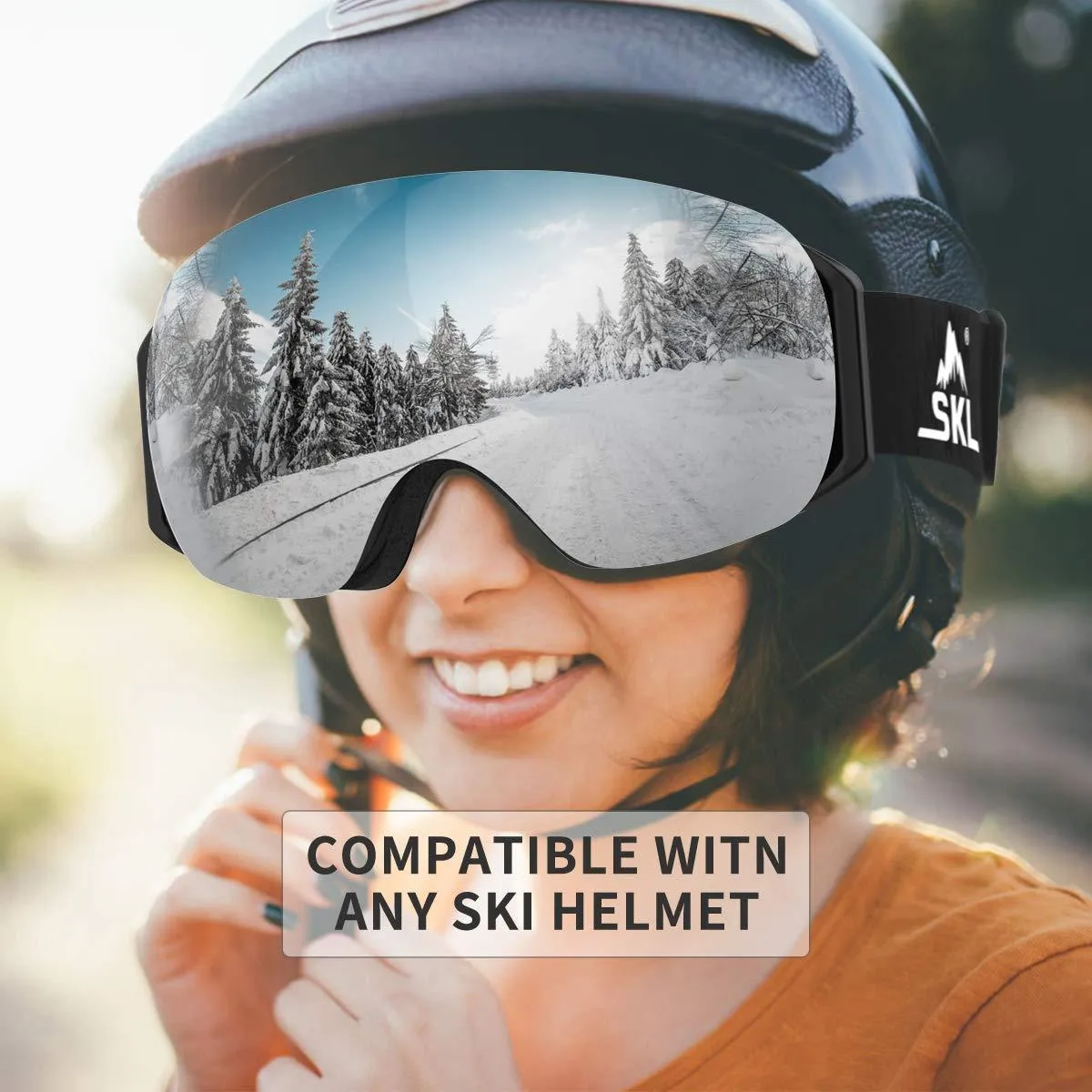 SKL Ski Goggles Over Glasses Snowboard Goggles for Men Women Youth, Frameless UV400 Protection Anti Fog OTG Snow Goggles with Interchangeable Lens and Straps