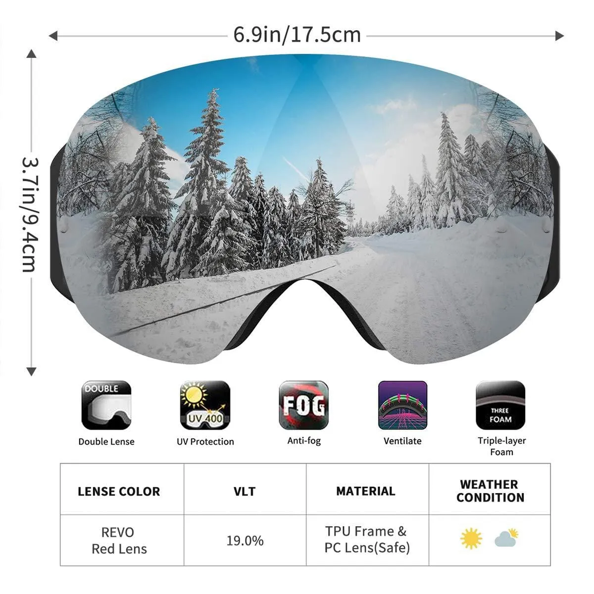 SKL Ski Goggles Over Glasses Snowboard Goggles for Men Women Youth, Frameless UV400 Protection Anti Fog OTG Snow Goggles with Interchangeable Lens and Straps