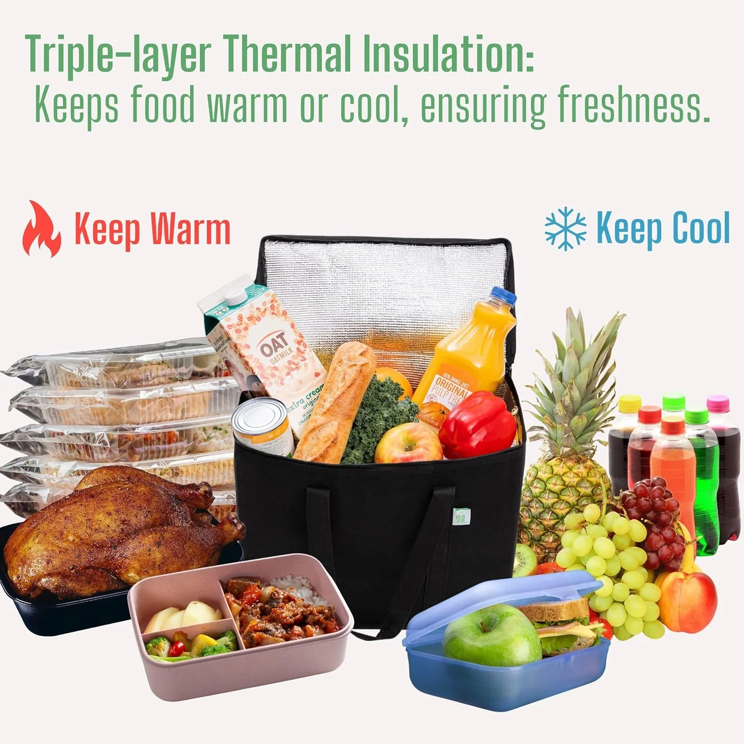 VENO 2 Pack Cooler Bags - Insulated for Food Delivery, Collapsible and Reusable Shopping Bags with Zipper, Foldable, Heavy-Duty, Stands Upright - Ideal for Groceries (Black, 2 Pack)
