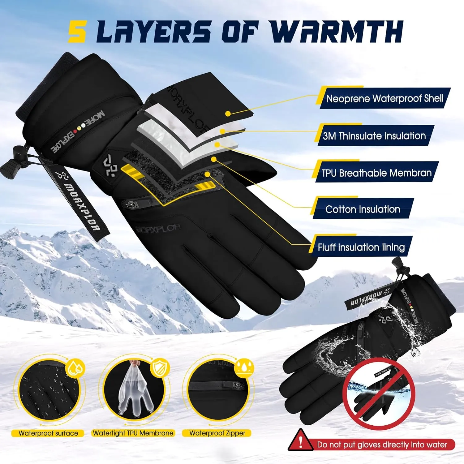 Winter Ski Snow Gloves Men Women,Waterproof Windproof Touchscreen Snowboard Gloves,3M Thinsulate Insulated Warm Winter Snowmobile Gloves