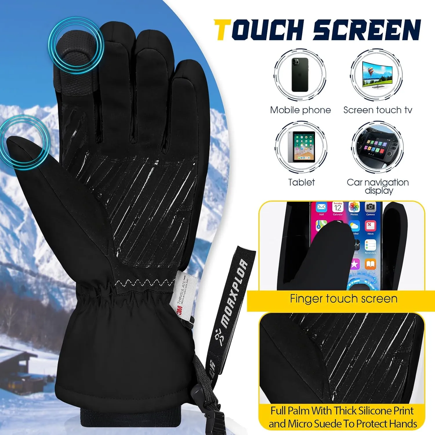 Winter Ski Snow Gloves Men Women,Waterproof Windproof Touchscreen Snowboard Gloves,3M Thinsulate Insulated Warm Winter Snowmobile Gloves