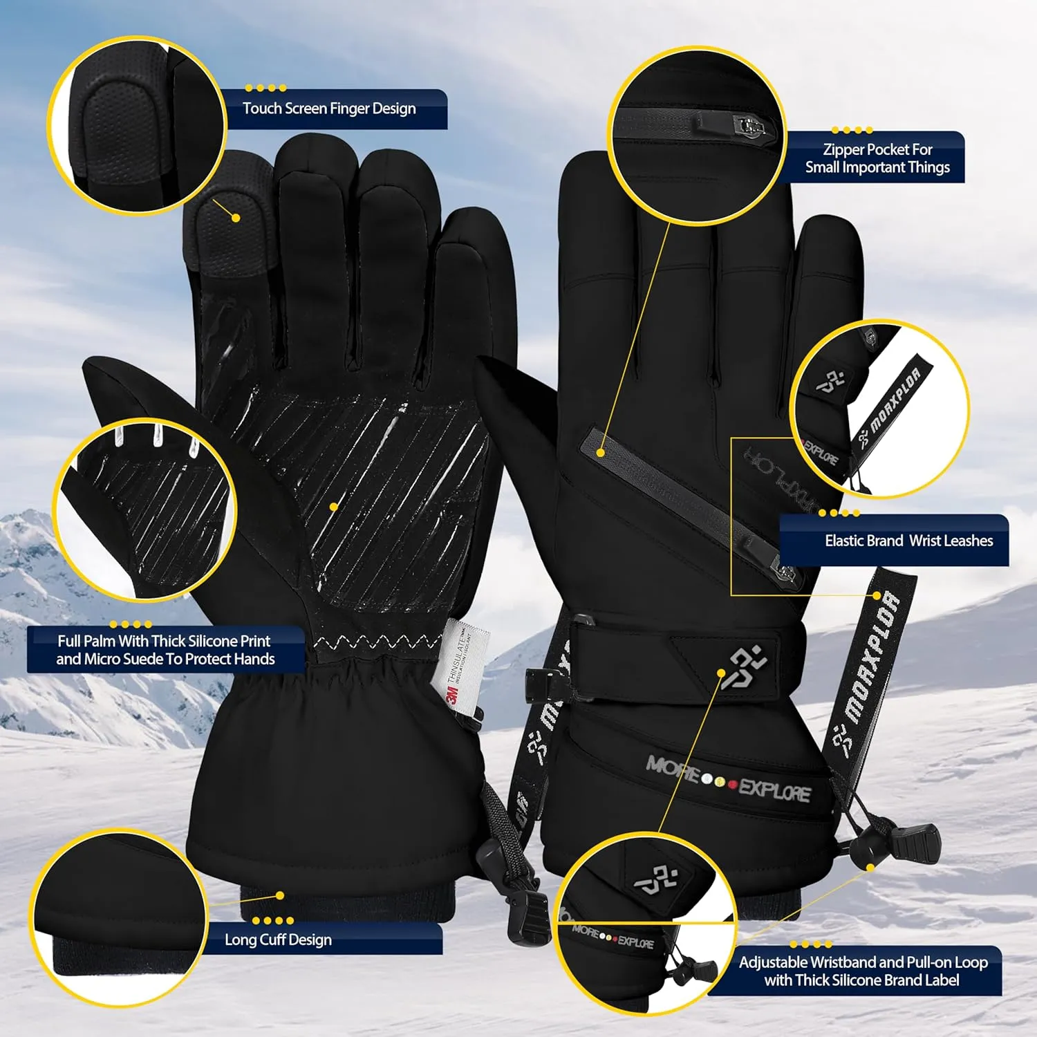 Winter Ski Snow Gloves Men Women,Waterproof Windproof Touchscreen Snowboard Gloves,3M Thinsulate Insulated Warm Winter Snowmobile Gloves