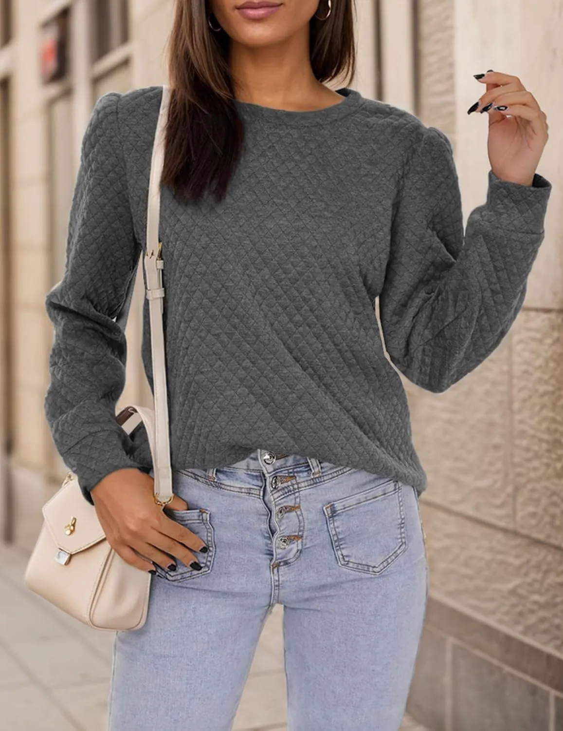 Women Long Puff Sleeve Sweatshirt 2025 Fall Fashion Sweater Lightweight Knit Twist Texture Tops
