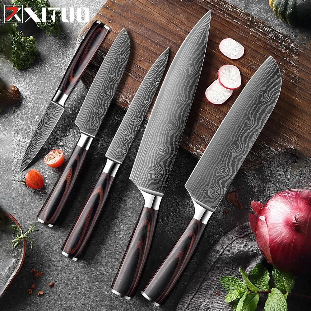 XITUO 1-5PCS set Chef Knife Japanese Stainless Steel Sanding Laser Pattern Knives Professional