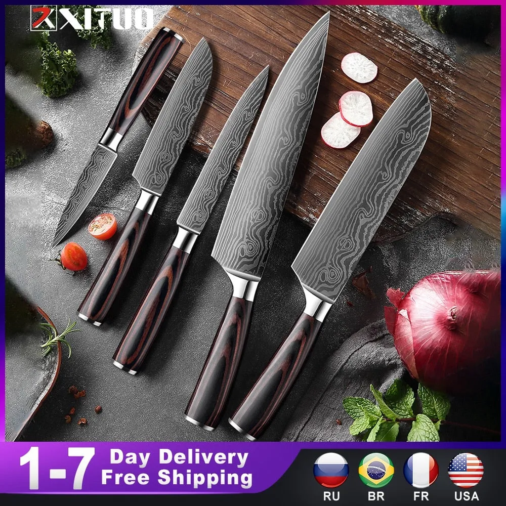 XITUO 1-5PCS set Chef Knife Japanese Stainless Steel Sanding Laser Pattern Knives Professional